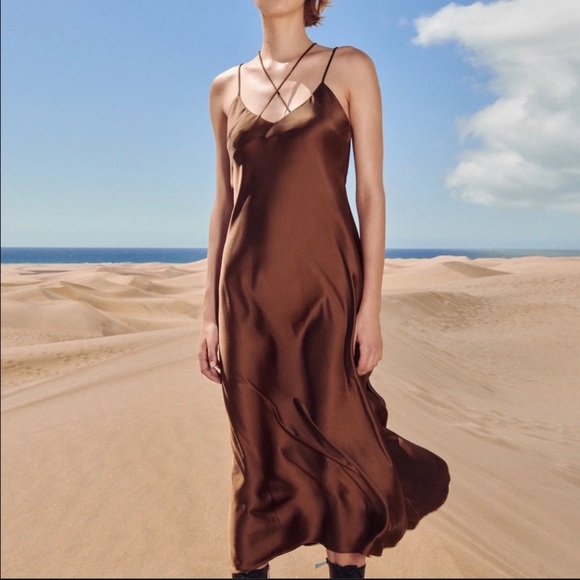 Zara Dresses & Skirts - BROWN SILK MIDI DRESS